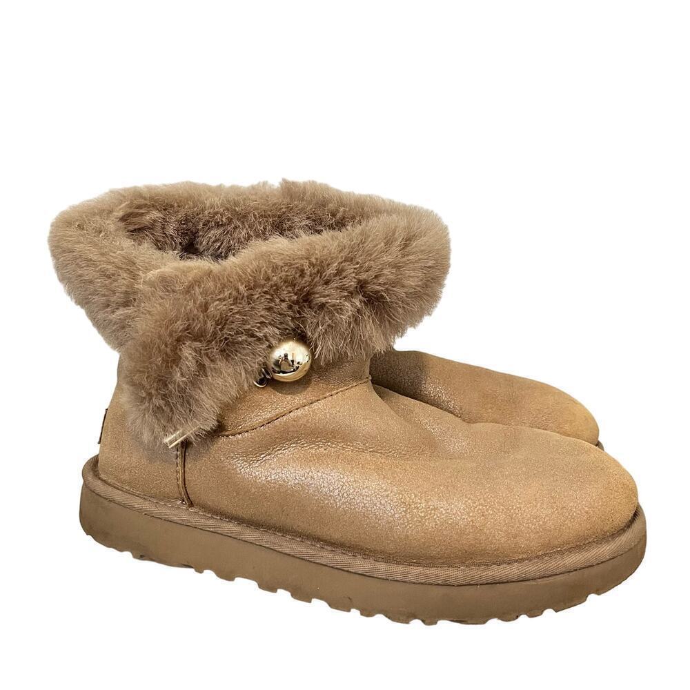 UGG Australia Women’s Classic Fluff Pin Mini Boots Size 7 Brown‎ Lamb Suede